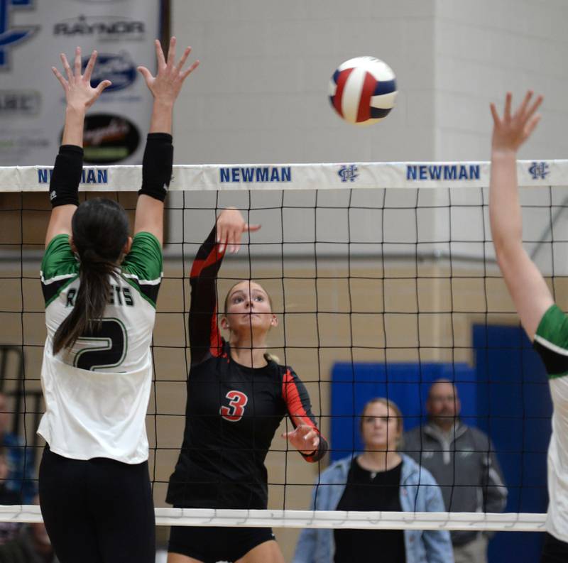 Erie-Prophetstown's Kallie Wiseley (3) hits the ball past Rock Falls' Kaltrina Lecaj (2) during the championship of the 2A Sterling Newman Regional on Thursday, Oct. 31, 2024.