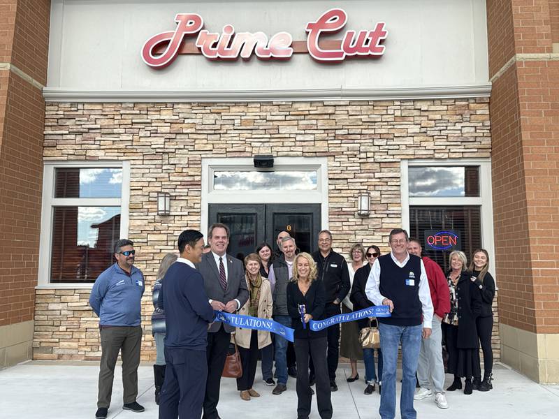 The Geneva Chamber of Commerce held a ribbon cutting celebration Oct. 23, 2025 for Prime Cut in Geneva Commons. General manager Suzanna Mack cut the ribbon, held by owner Joseph Nam and Geneva Chamber Board Chair Michael Olson. Geneva Mayor Kevin Burns, as well as Geneva Chamber staff and ambassadors, joined in the celebration.