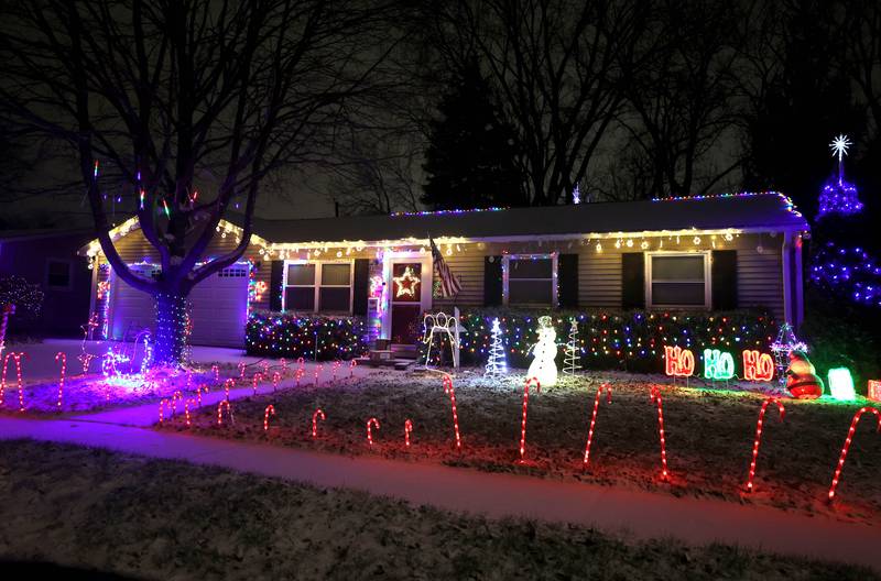 The house at 1449 Hulmes Drive Thursday, Dec. 19, 2024, in DeKalb. This home is one of the entries in this year’s DeKalb Park District Holiday House Decorating Contest.