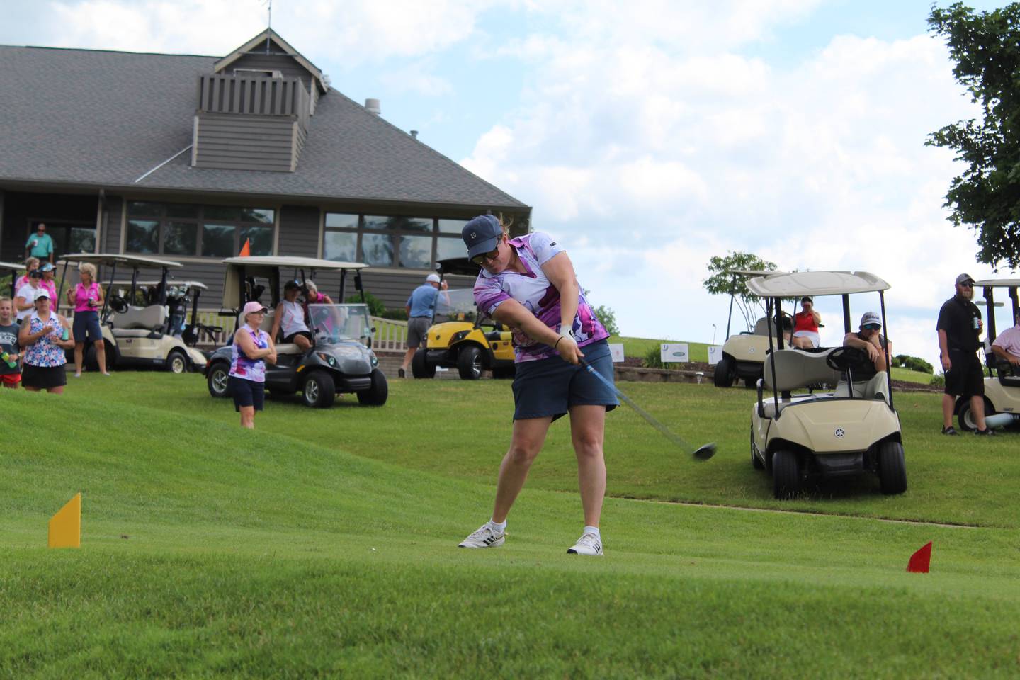 Kim Kester of Kishwaukee Country Club in DeKalb tees off from hole No. 10 in a playoff for runner-up honors Saturday, July 8, 2023, during the Women’s Lincoln Highway tournament at Lake Carroll Golf Course in Lanark. Kester beat Mandy Hinkey of Timber Creek Golf Course in Dixon to take runner-up honors, and lead her squad with a +30.