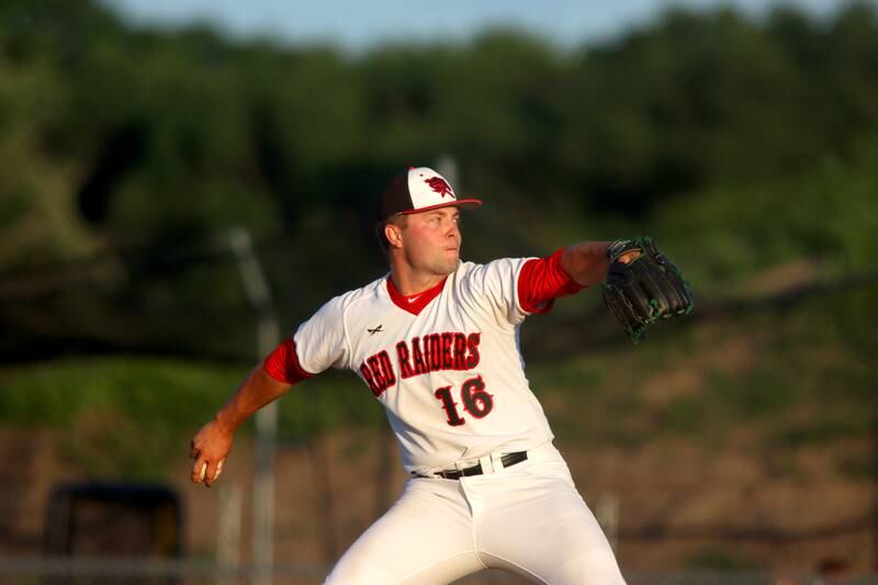 Huntley’s Malachi Paplanus delivers in the seventh inning against Barrington in sectional semifinal baseball action at Hampshire Wednesday.