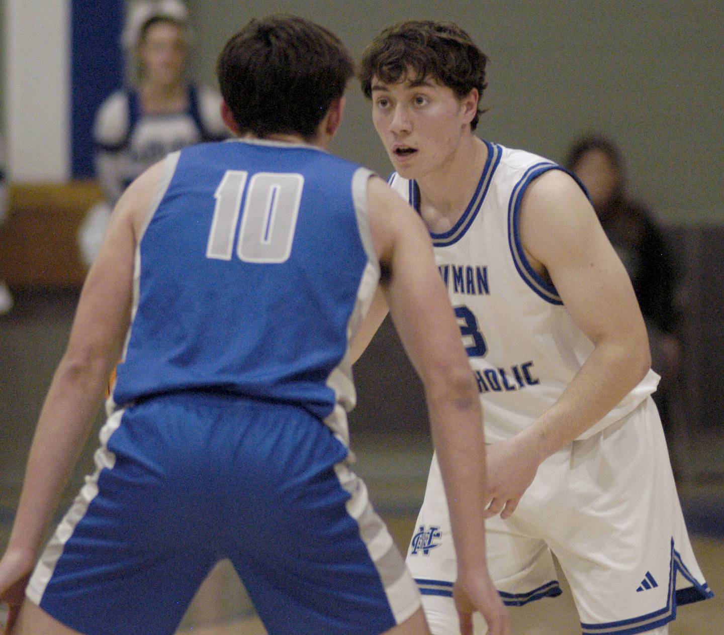 Newman's  Garret Matznick brings the bal up court against Princeton's  Gavin Lanham. 1-3 Princeton played Newman (3-0) in a conference game. The matchup took place at Newman High School on Friday, December 5, 2025.