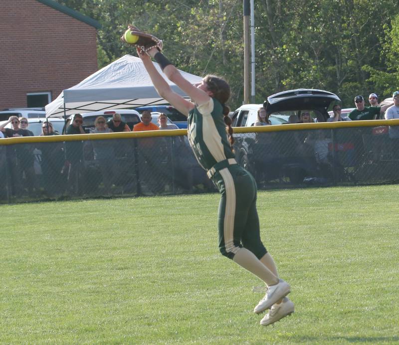 St. Bede's Lily Bosnich makes a spectacular catch in shallow left field while facing Ridgewood AlWood/Cambridge in the Class 1A Sectional semifinal game on Tuesday, May 23, 20223 at St. Bede Academy.