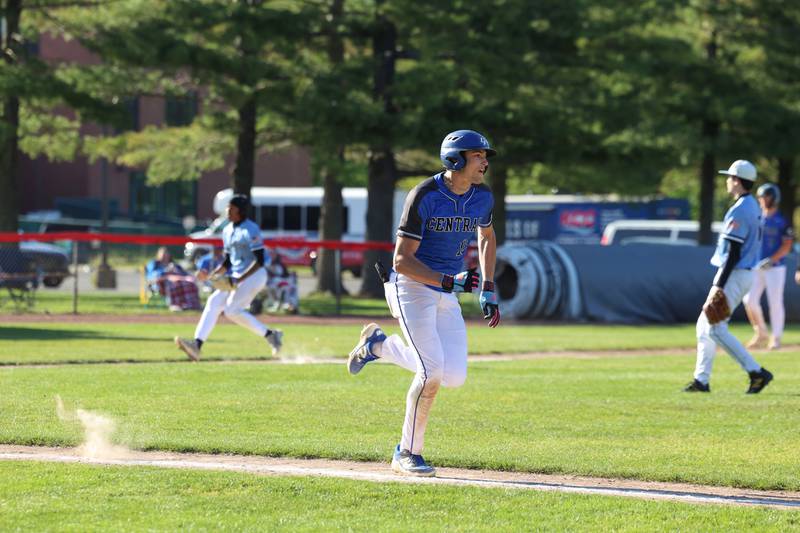 Clifton Central's Mayson Mitchell runs to first base during Central's 8-4 victory over Kankakee on Monday, May 11, 2026.