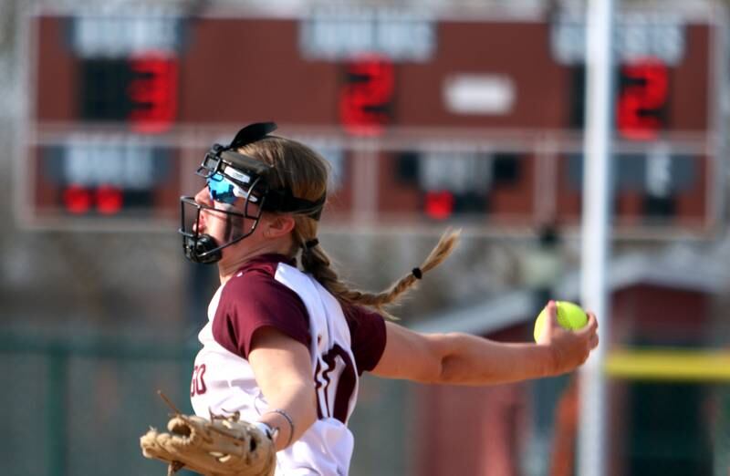 Marengo’s Lilly Kunzer delivers against Richmond-Burton in varsity softball at Marengo Tuesday.