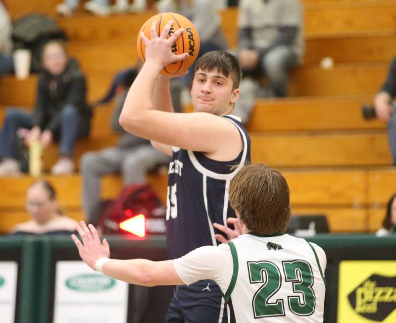Fieldcrest's Kayden Eilts looks to pass the ball over the head of Midland's Hayden Grandsart on Wednesday, Feb. 19, 2025 at Midland High School.