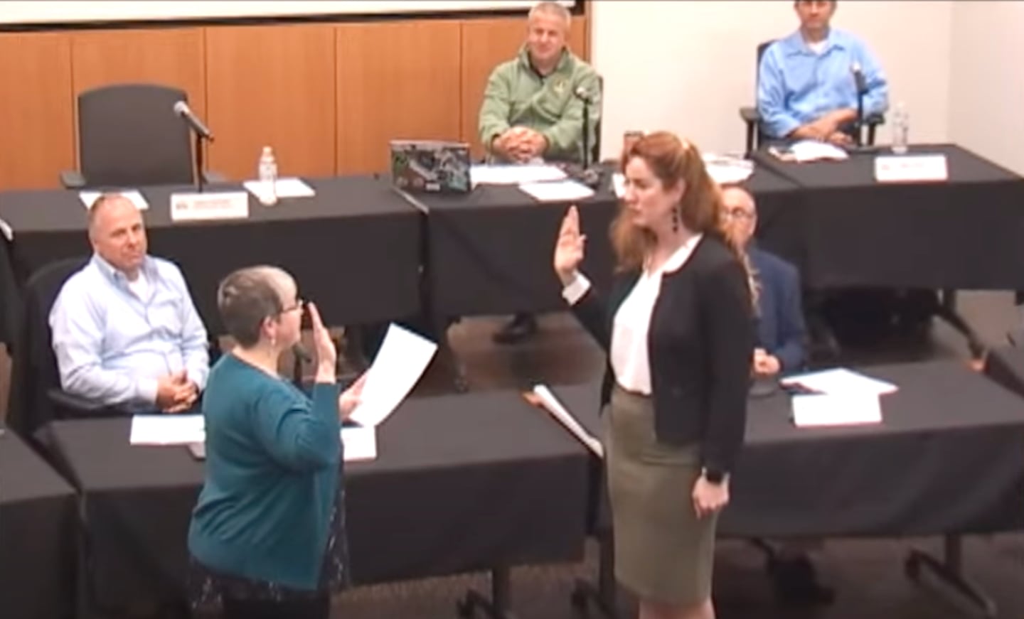 First Ward Alderwoman Carolyn Morris (right) takes the oath of office at the May 8, 2023 meeting of the DeKalb City Council.