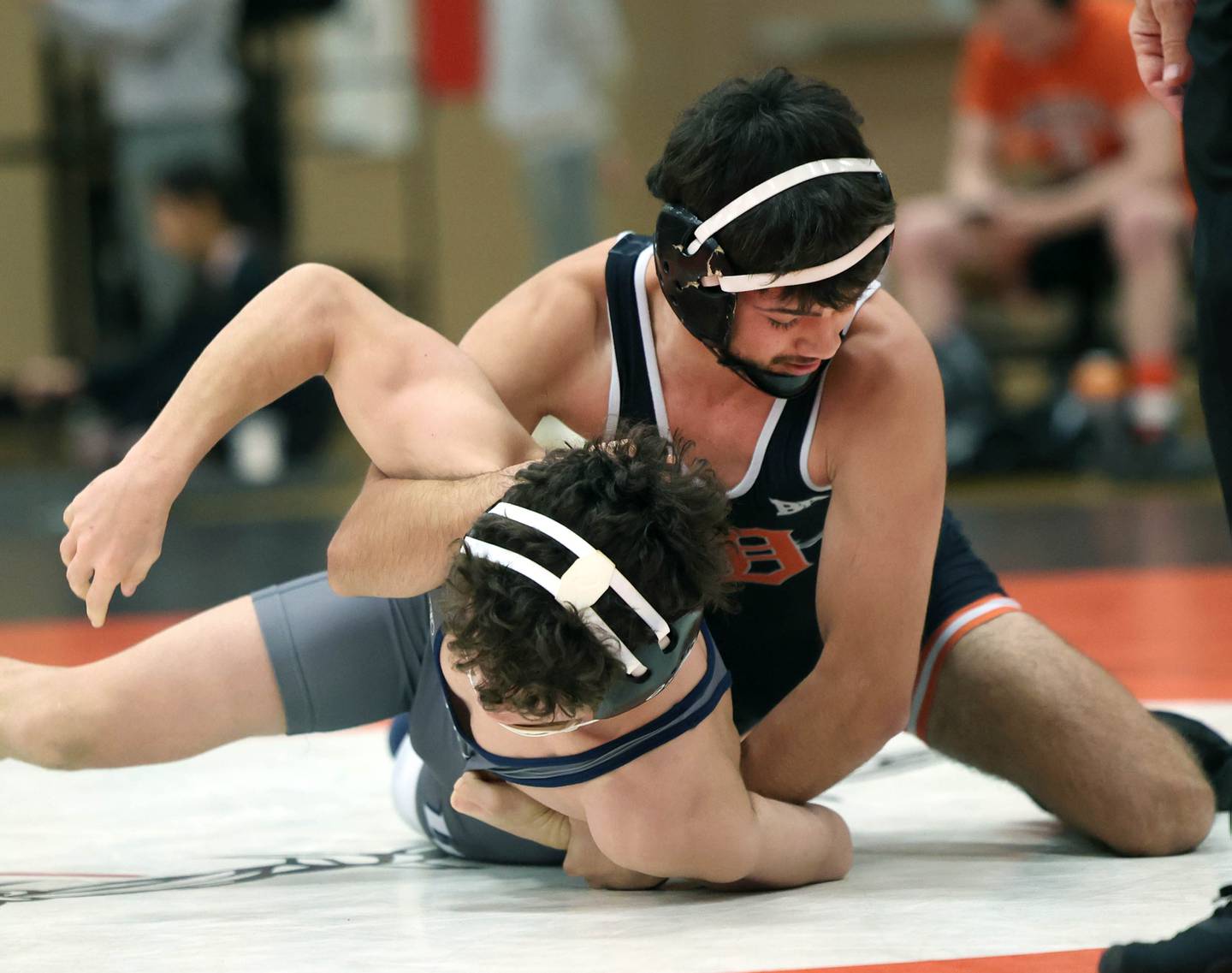 DeKalb’s Kaden Klapprodt controls Lake Park’s Sevak Ohanyan Wednesday, Nov. 27, 2024, during their 120 pound match at DeKalb High School. Klapprodt went on to pin his opponent.