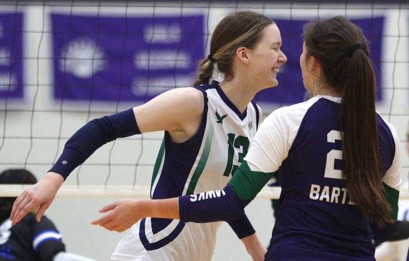 Bartlett’s Sam Buss celebrates a point against Burlington Central in varsity volleyball tournament action on Saturday, Sept. 21, 2024, at Hampshire High School in Hampshire.