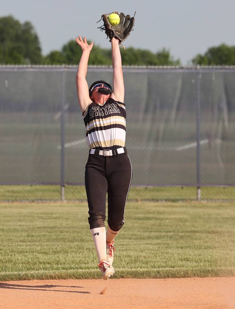 Sycamore's Keera Trautvetter makes a leaping catch during their Class 3A sectional championship win over Sterling Friday, June 2, 2023, at Belvidere North High School.