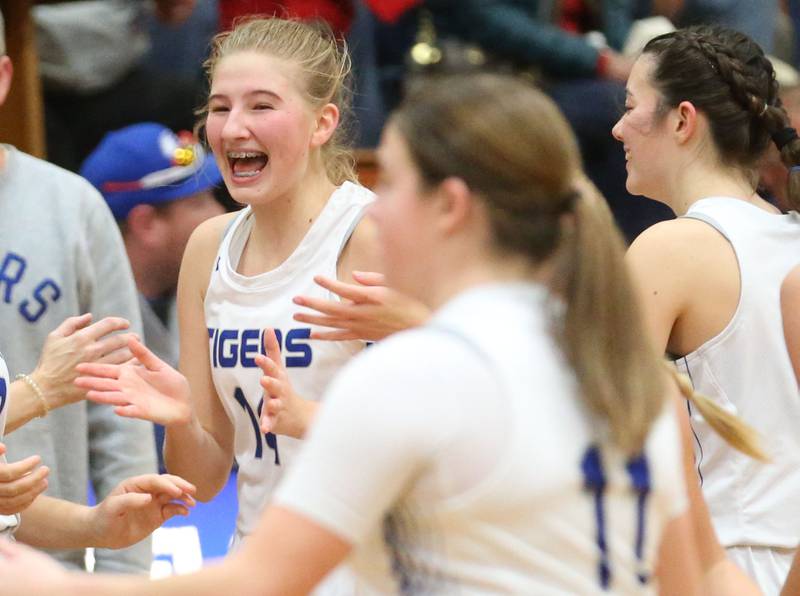 Princeton's Payton Brandt reacts after defeating Hall during the Princeton Holiday Girls Basketball Tournament on Friday, Nov. 23, 2024 at Princeton High School.