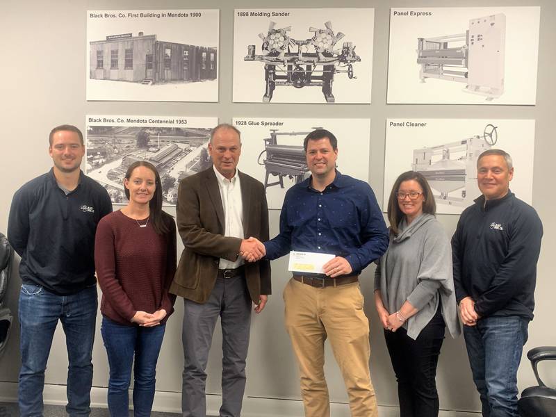 Black Bros. Co. donated $30,000 to Illinois Valley Community Colleges Career and Technical Program. Photographed are (from left) Evan Carroll, Megan Kneebone, Matt Carroll, Shane Lange, Jennifer Sowers and Jeff Simonton at Black Bros. Company in Mendota.