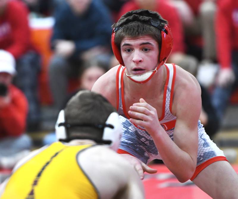 Oregon' Jordan Lowe stares at Lena-Winslow's Carson Hill at the start of their 113 -pound championship match at the 1A Stillman Valley Sectional on Saturday, Jan. 31, 2026 at Stillman Valley High School.