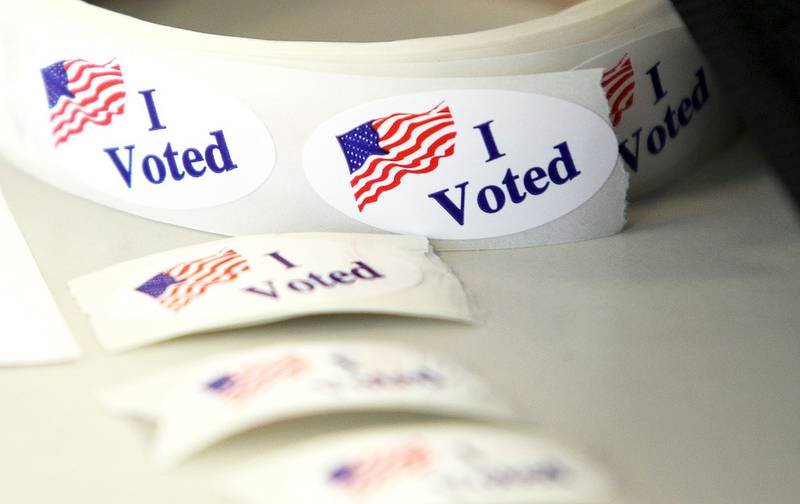 "I Voted" stickers await early voters at the  McHenry County Administration Building on Wednesday, April, 1, 2015.