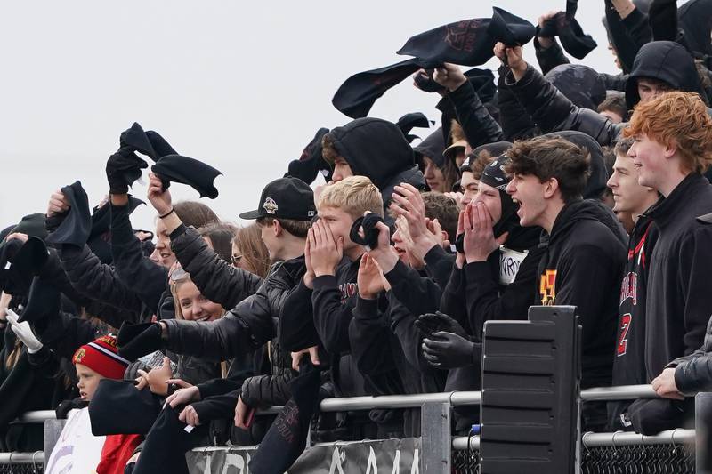 The Batavia student section cheer on their team during a class 7A quarterfinal playoff football game against Downers Grove North at Batavia High School on Saturday, Nov. 16, 2024.