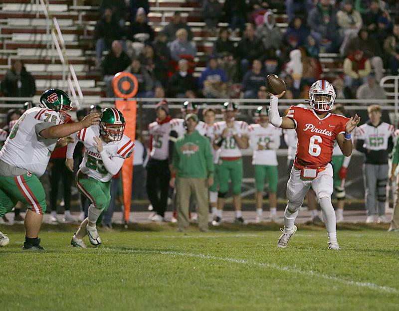 Ottawa quarterback Colby Mortenson (6) fires a pass against L-P on Friday, Oct. 7, 2022 at King Field in Ottawa.