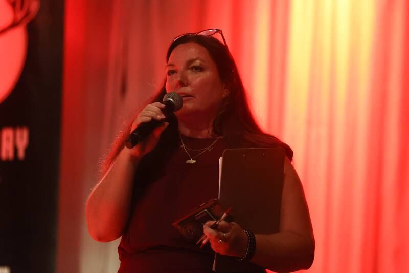 Kristine Shannahan McGovern, candidate for Illinois State Senate, speaks at the GOP rally at 115 Bourbon Street in Merrionette Park on Monday.