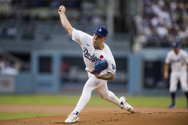 Los Angeles Dodgers starting pitcher Bobby Miller throws a pitch during the first inning against the Washington Nationals, Monday, May 29, 2023, in Los Angeles.