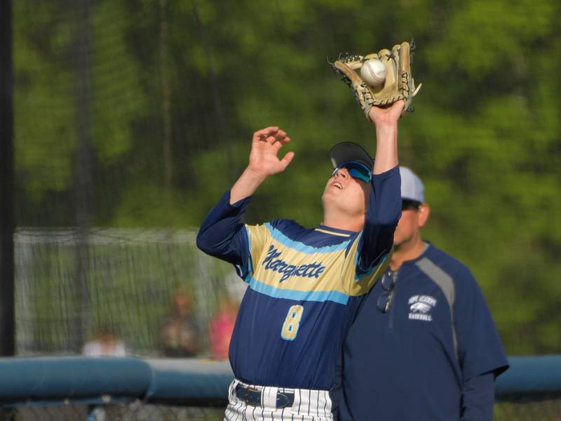 Marquette Academy's Carson Zellers (8) the out against Chicago Hope Academy during the 1A baseball sectional semifinal at Judson University in Elgin on Thursday, May 25, 2023.