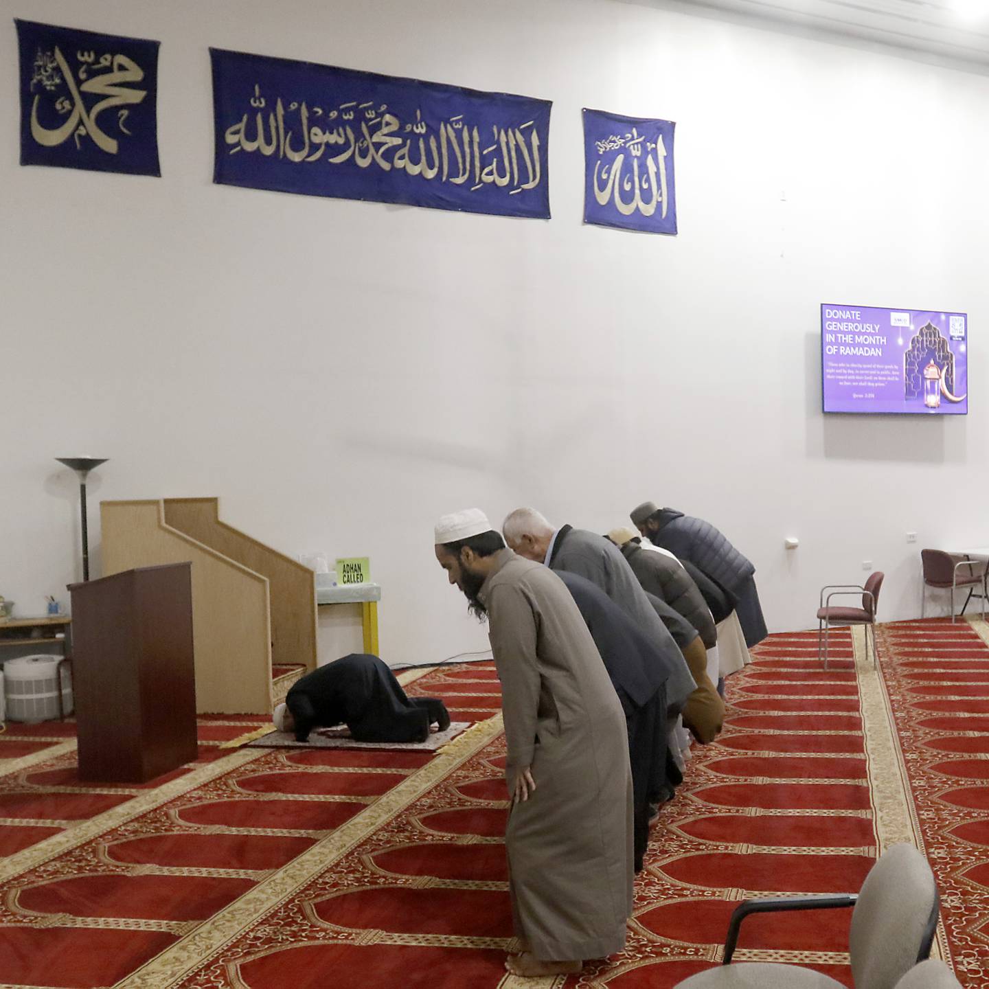 Syed Hashmi Alquadri leads members of the American Muslim Community Organization mosque in prayers Tuesday, March 29, 2023, at the organization's mosque in Lake in the Hills.