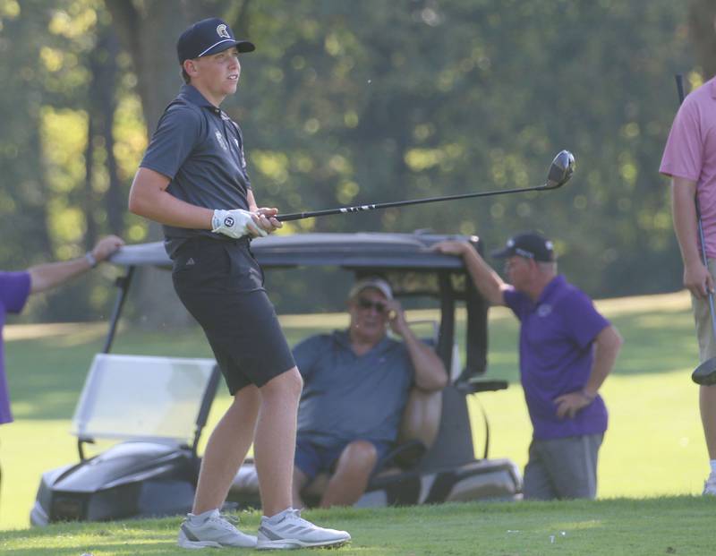 Syacmore's Gavin Sedevie tees off during the Pirate Invitational on Monday, Sept. 15, 2025 at Deer Park Golf Club in Oglesby.