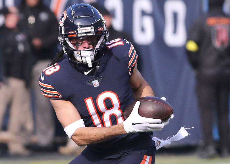 Chicago Bears wide receiver Dante Pettis hauls in a pass Sunday, Jan. 8, 2023, during their game against the Vikings at Soldier Field in Chicago.