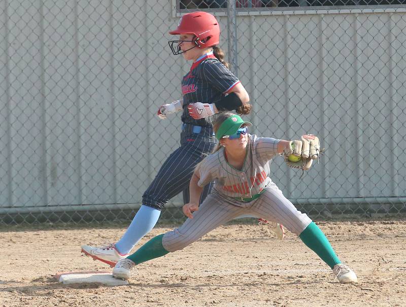 L-P first baseman Dangy Greer makes a catch to force out Ottawa's Avery Leigh on Tuesday, April 14, 2026 at Ottawa High School.