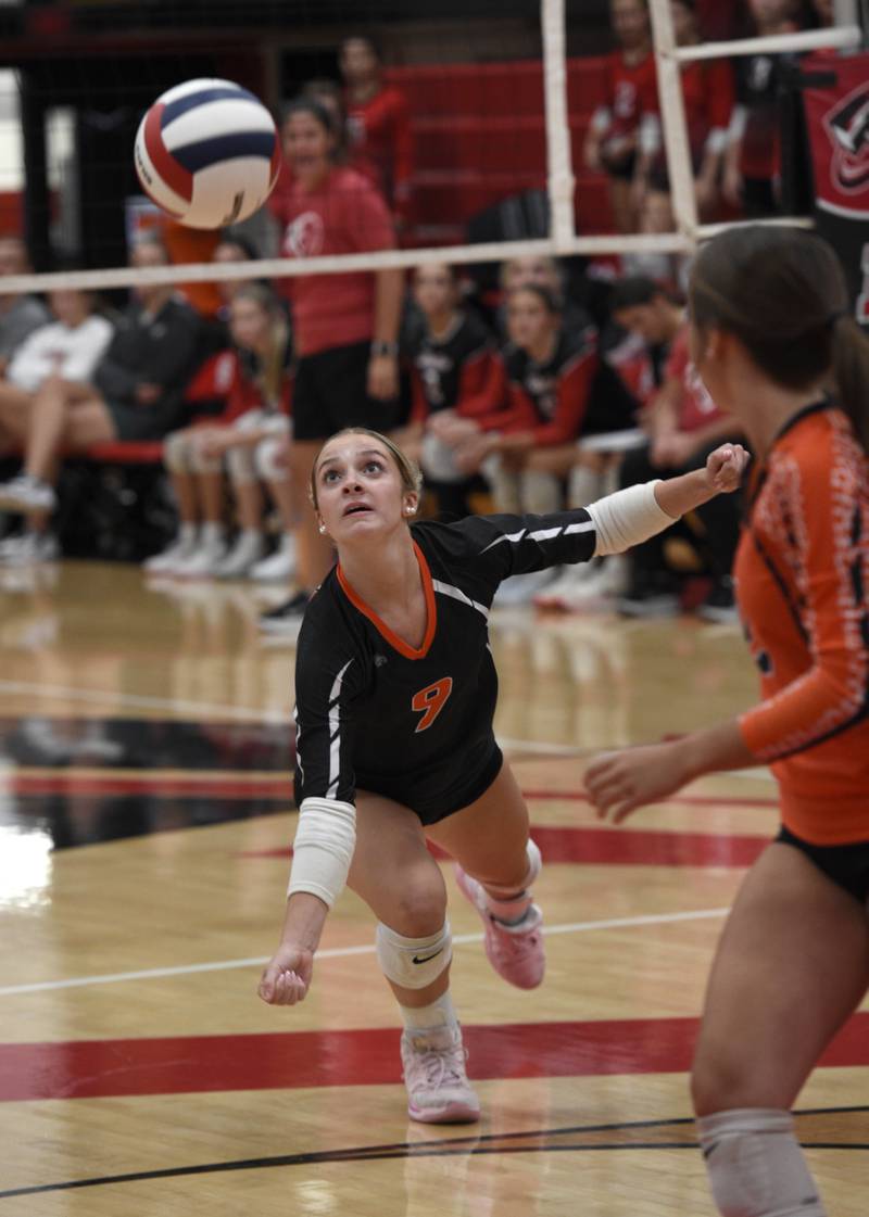 Beecher's Mallory Berry lunges to make a return hit during a match against Bradley-Bourbonnais on Tuesday, September 2, 2025.