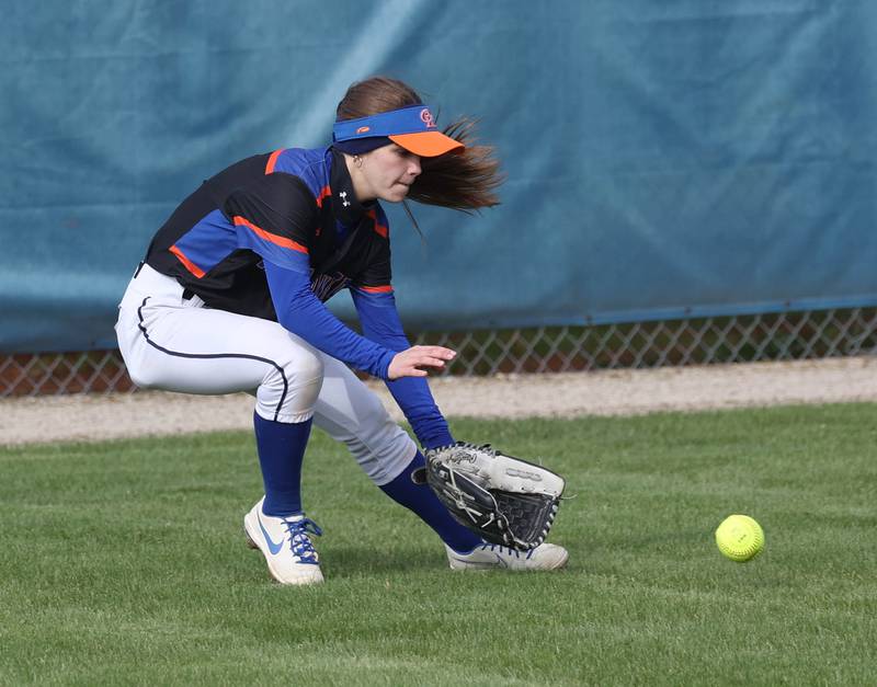 Genoa-Kingston’s Sydney Hansen fields a ball in the outfield during their game against Winnebago Monday, April 21, 2025, at Genoa-Kingston High School.