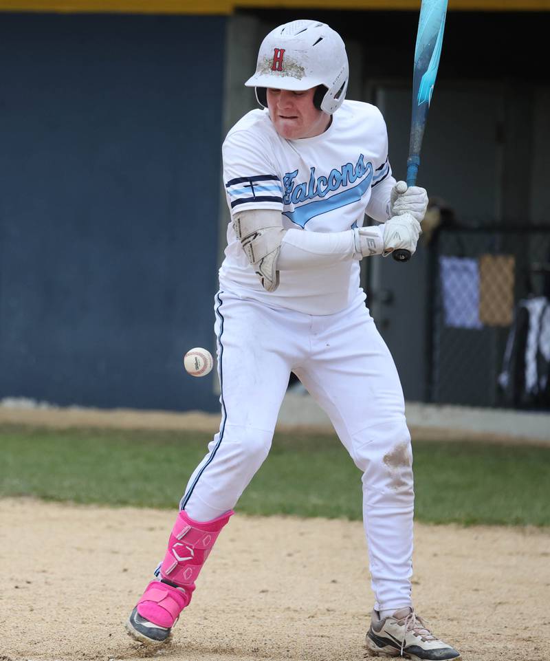 Parkview Christian Academy's Oliver Malkowski is hit by a pitch Thursday, April 17, 2025, during their game at Hiawatha High School in Kirkland.