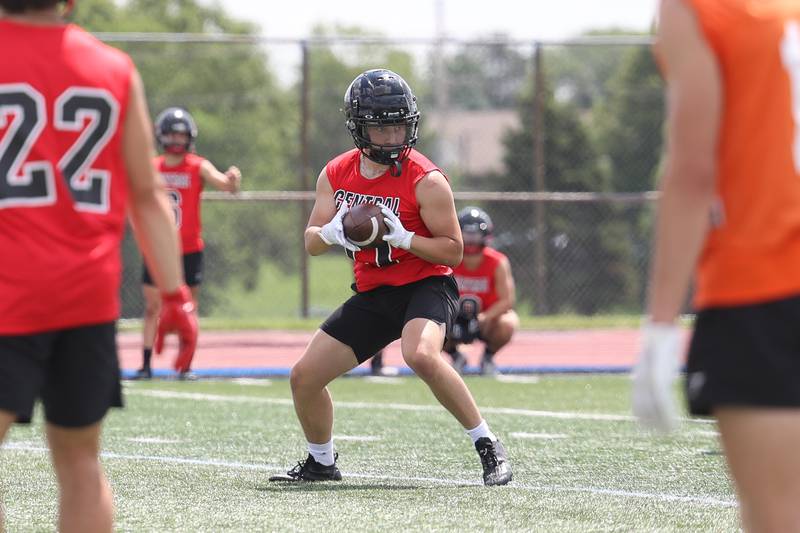 Lincoln-Way Central’s Lukas Mandt cuts upfield after a catch during a 7-on-7 scrimmage at Lincoln-Way East on Tuesday, July 18th, 2023 in Frankfort.