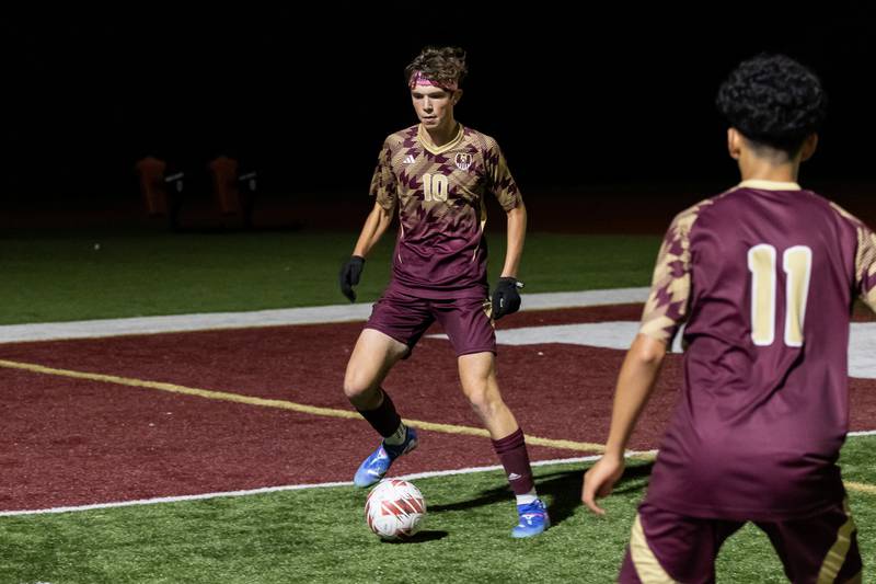 Morris's Xander Braun makes a nice move during a varsity soccer game against Streator at Morris on Oct. 15, 2025.