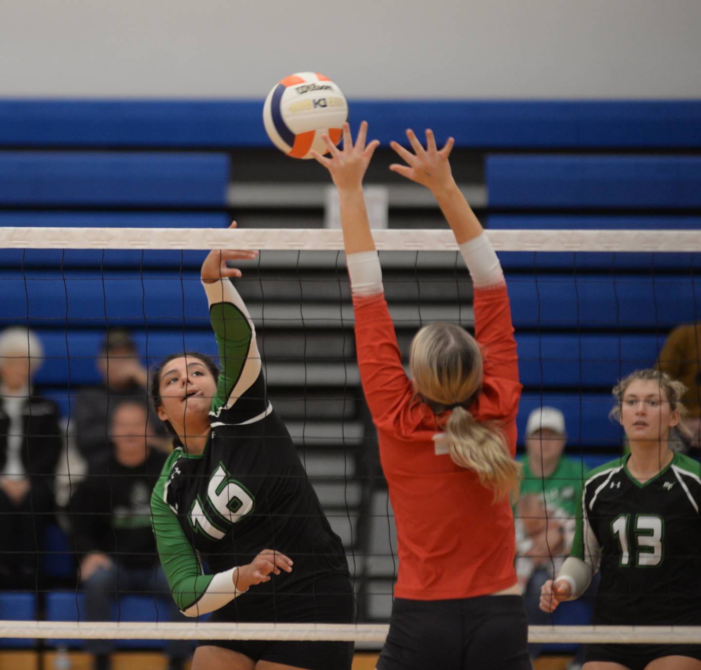 Rock Falls' Taylor Reyna spikes against Oregon at the Linda Ludwig Memorial Volleyball Tournament held at Eastland High School in Lanark on Saturday, Oct. 14, 2023.