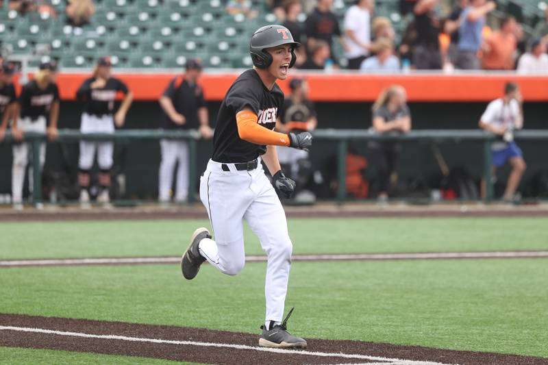 Crystal Lake Central’s James Dreher celebrates an RBI single as he ehads to first against Lemont in the IHSA Class 3A Championship game on Saturday June 8, 2024 Duly Health and Care Field in Joliet.