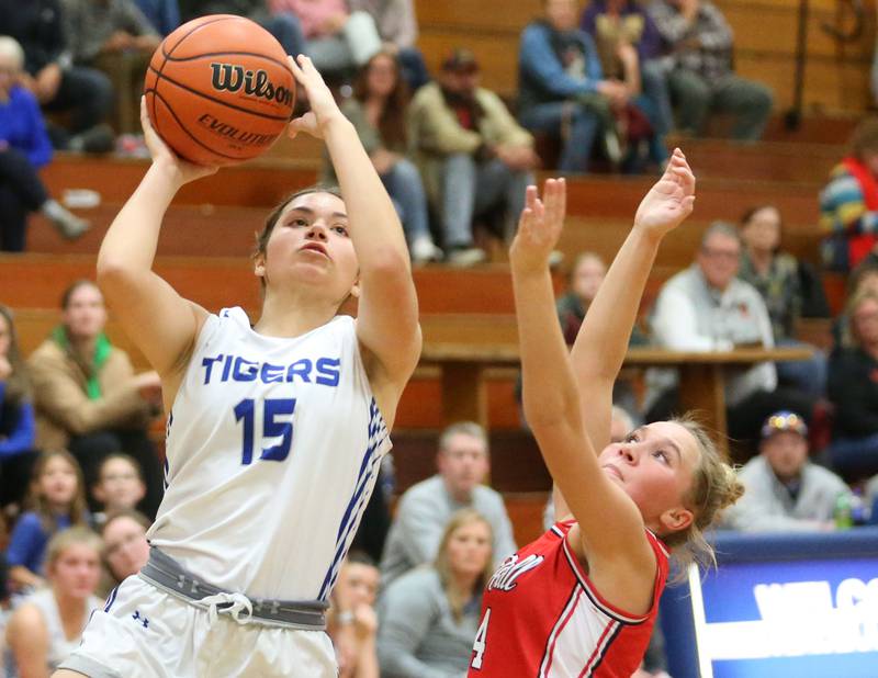 Princeton's Olivia Mattingly eyes the hoop as Hall's Charlie Pellegrini during the Princeton Holiday Girls Basketball Tournament on Saturday, Nov. 23, 2024 at Princeton High School.