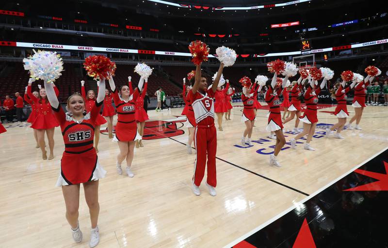 Streator cheerleaders perform before the game against Seneca on Tuesday, Dec. 21, 2023 at the United Center in Chicago.