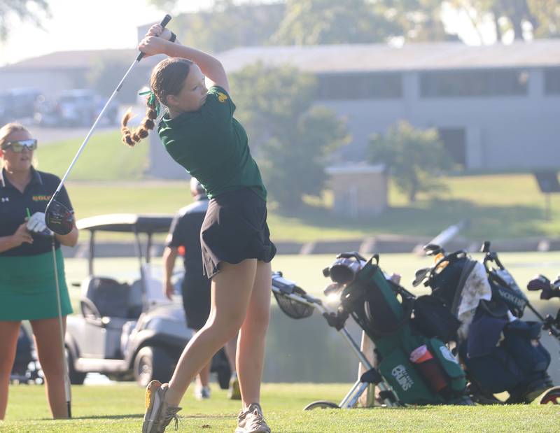 St. Bede's Mae Hagenbuch tees off during the Class 1A Regionals on Tuesday, Sept. 30, 2025 at Spring Creek Golf Course in Spring Valley.