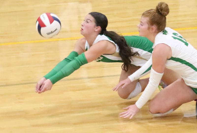 Seneca libero digs out a save with the help of teammate Brooklyn Sheedy during the Tri-County Conference championship game on Thursday, Oct. 16, 2025 at Putnam County High School.