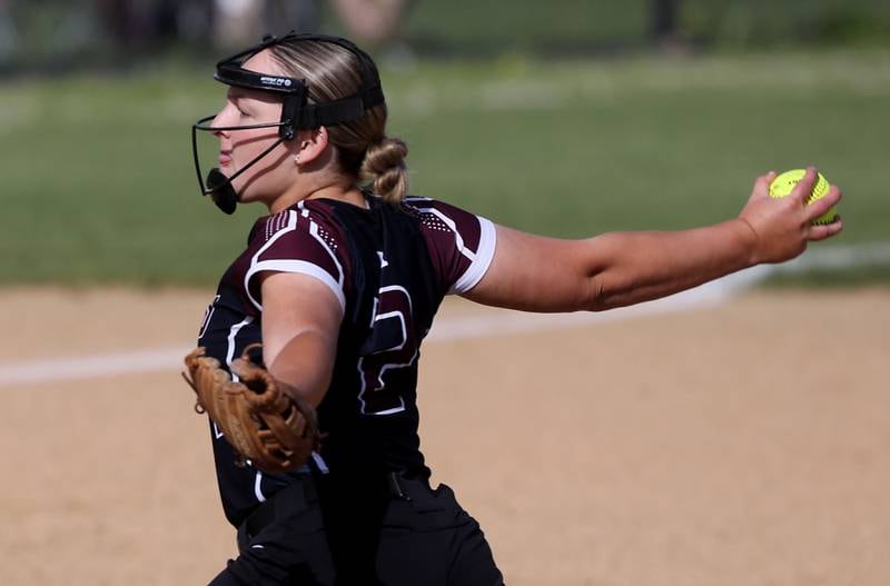 Marengo's Elizabeth White throws a pitch during a Kishwaukee River Conference softball game against Woodstock North on Tuesday, April 28 , 2026, at Woodstock North High School.
