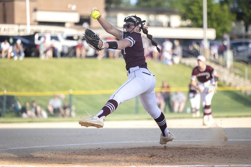 Dakota’s AJ Howarth winds up for a pitch against Milledgeville Tuesday, May 26, 2026, at the Eastland Class 1A softball sectional quarterfinal.