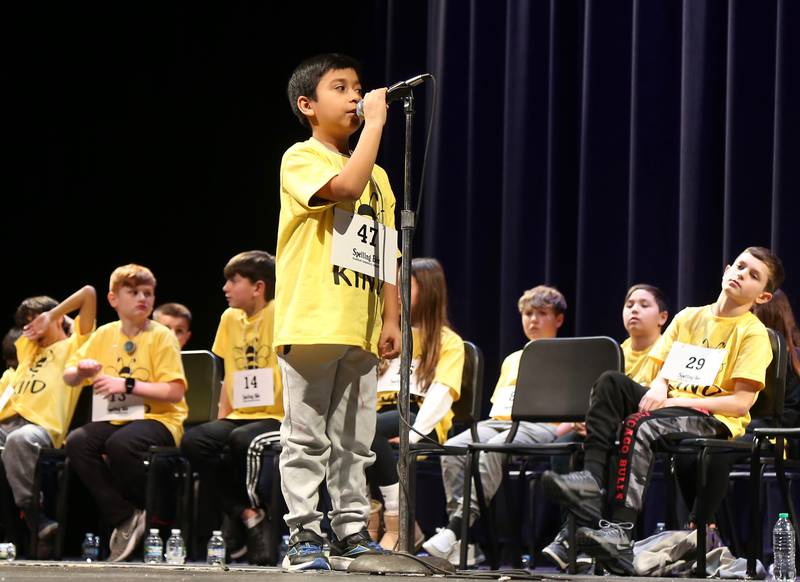 Santiago Sanchez participates in the Kaneland School District 302 Spelling Bee on Tuesday, Jan. 14, 2025 at Kaneland High School in Maple Park.