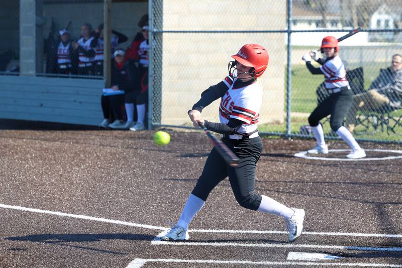 Bradley-Bourbonnais' Lydia Hammond connects with a pitch during their game against Herscher on Monday, March 23, 2026.