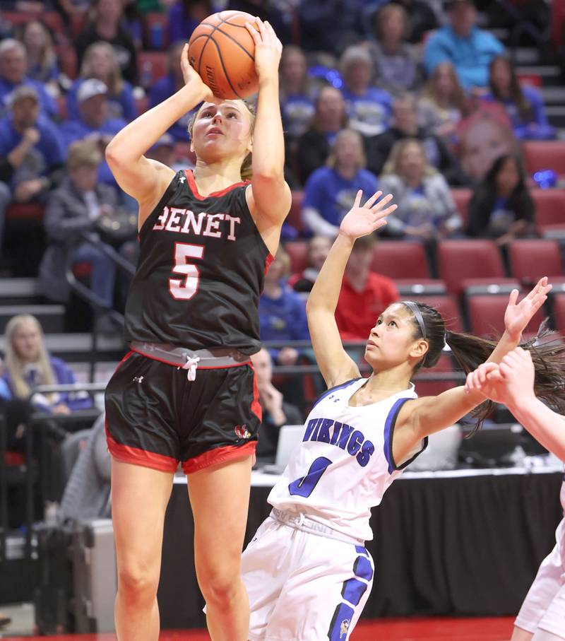 Benet's Lenee Beaumont shoots in front of Geneva's Rilee Hasegawa during their Class 4A state semifinal game Friday, March 3, 2023, in CEFCU Arena at Illinois State University in Normal.