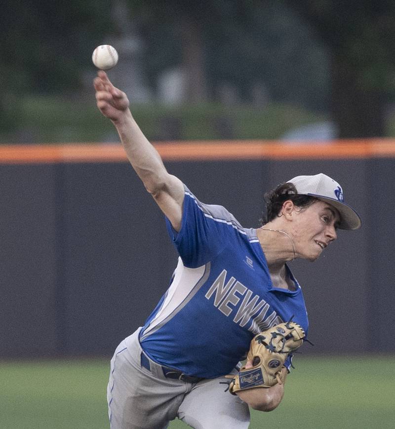 Newman’s Garret Matznick fires a pitch against Teutopolis Friday, June 6, 2025, during the Class 2A state semifinal at Illinois Field in Champaign.