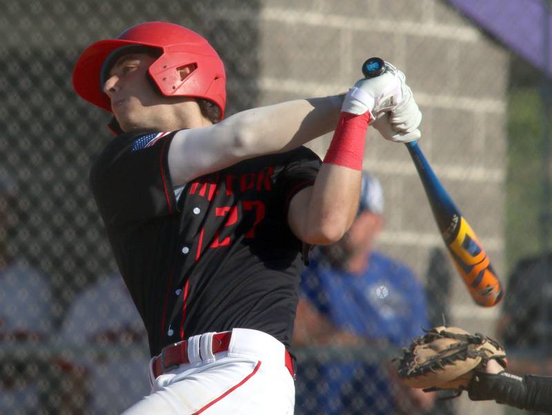 Barrington’s Julian Ashley-Friedman makes contact against Huntley in sectional semifinal baseball action at Hampshire Wednesday.
