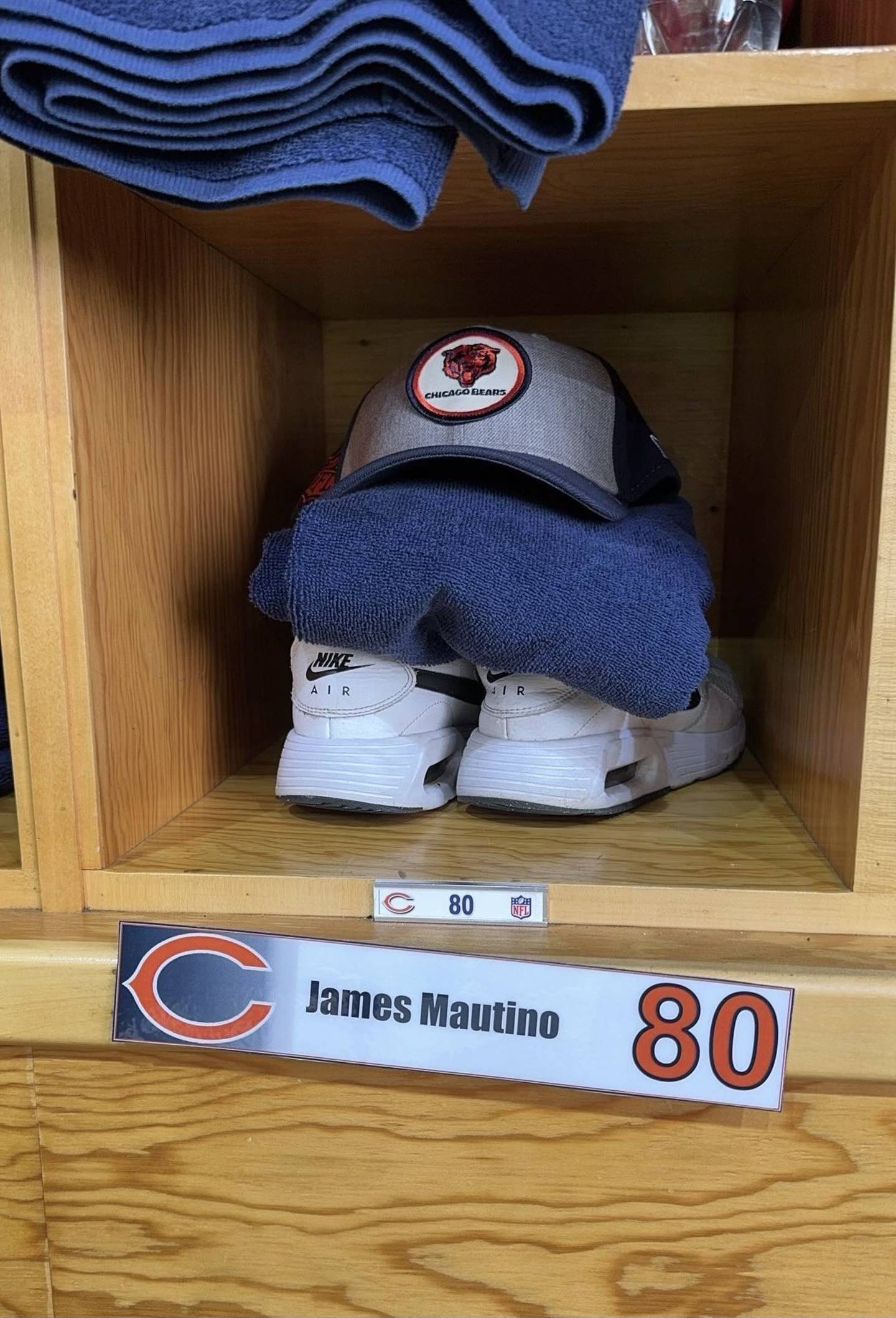 Spring Valley's James Mautino, a 2019 Hall High School grad, had his own cubicle and name plate with his No. 80 when he attended the Chicago Bears' "Pro Day" at Halas Hall on Tuesday. He is hopeful to play professionally.