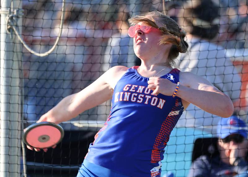 Genoa-Kingston’s Grace Frederick competes in the discus finals Friday, May 15, 2026, during the Class 2A girls track sectional at Genoa-Kingston High School.