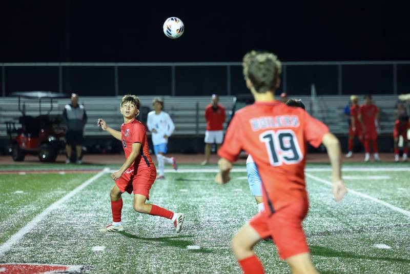 Bradley-Bourbonnais' Guadalupe Valadez looks to receive a pass from Jack Martin (19) during the Boilermakers' 1-0 victory over Kankakee in the All-City matchup on Tuesday, Sept. 9, 2025.