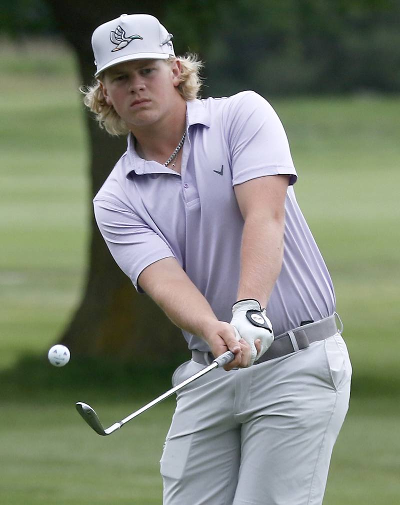 Hampshire’s Tegan Van Wiel chips onto the ninth green of the Prairie course Wednesday, July 12, 2023, during the second round of the the McHenry County Junior Golf Association's McHenry County Junior Amateur tournament at Boone Creek Golf Club, in Bull Valley.