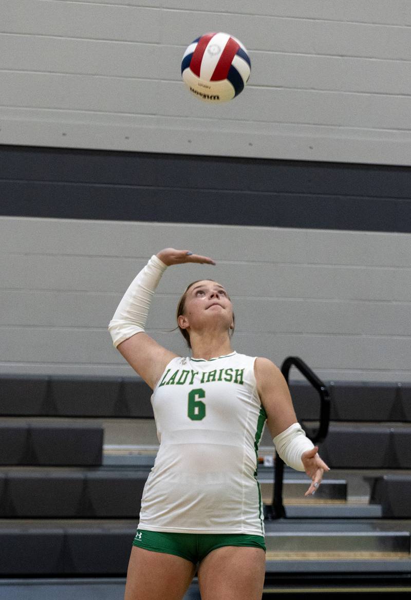 Seneca's Brynlee Hunt serves during Class 2A Regional final on Thursday, Oct. 30, 2025 at Seneca High School.